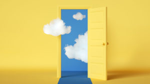 3d rendering, white clouds flying out and going through the open door, objects isolated on bright yellow background. Abstract